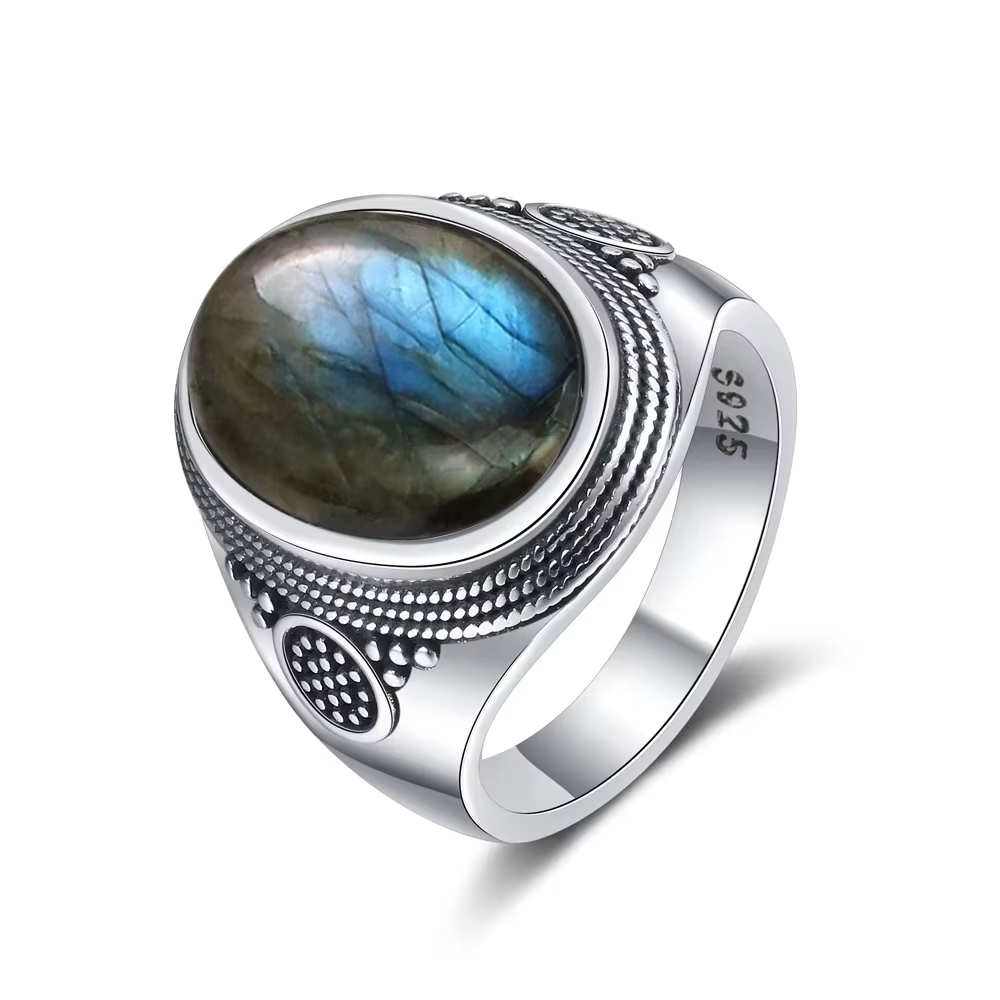 Bagues vintage en argent sterling S925 10*14MM avec labradorite et pierre de lune