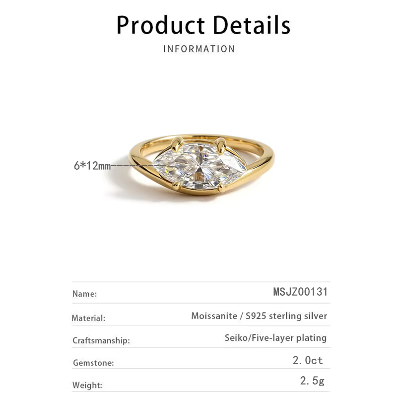Bague de mariage en moissanite taille marquise 2 carats plaqué or 18