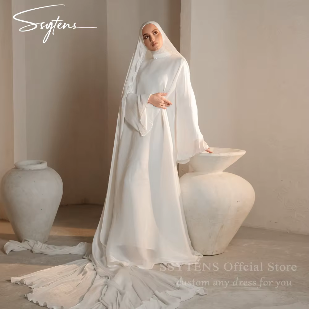 SSYTENS musulman Simple robes de mariée manches longues Satin robe