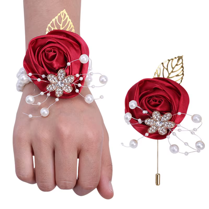 Broche de mariage Corsage de poignet pour mariée demoiselle d'honneur en ruban Rose fleur strass perle mode hommes costume broches de poche
