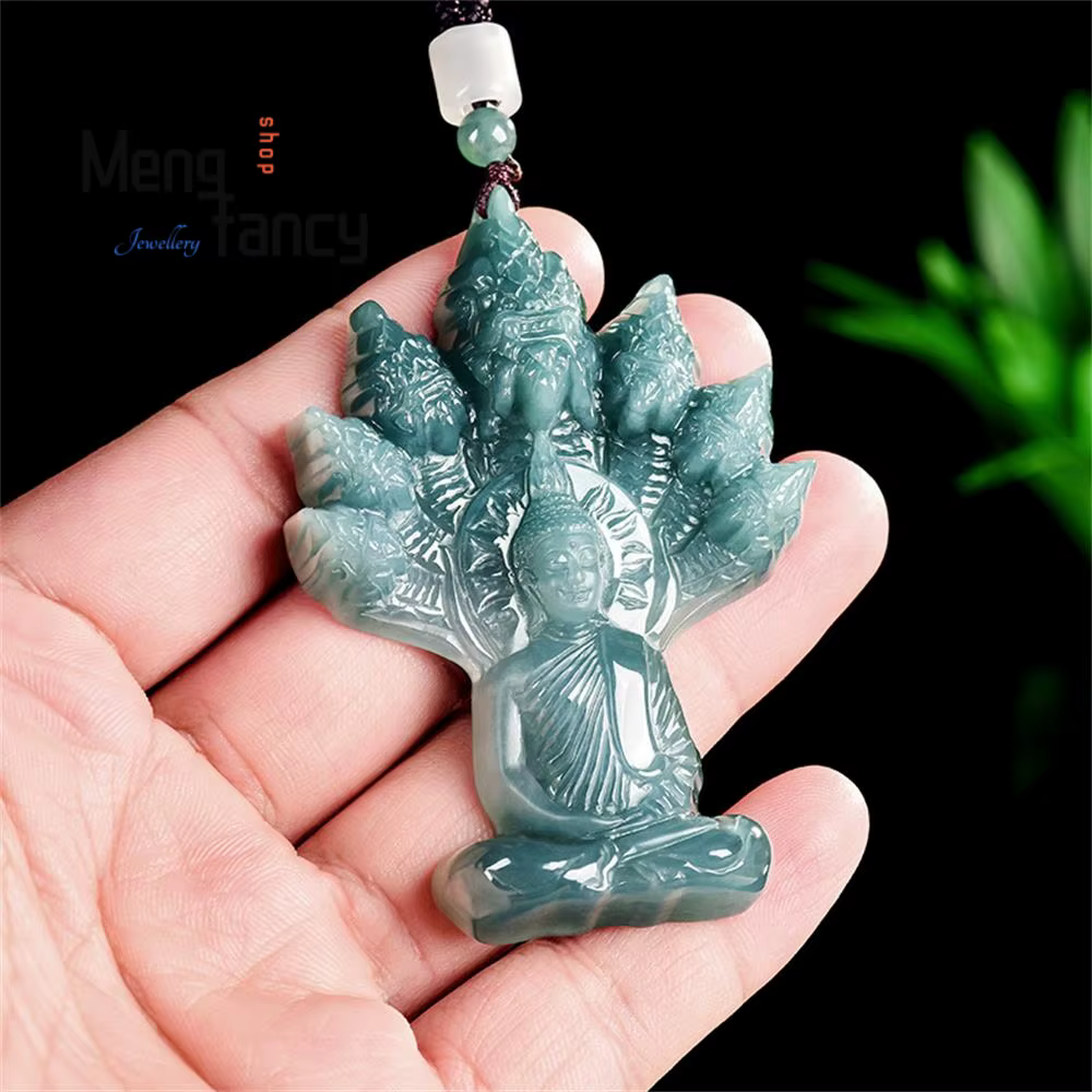 Haute qualité vieille jadéite naturelle a-grade eau bleue Naga bouddha Protection glace gluante Type