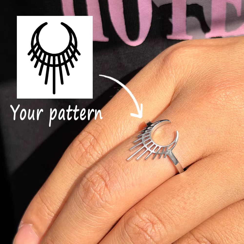 Bague ajustable en acier inoxydable à motif personnalisé avec ouverture