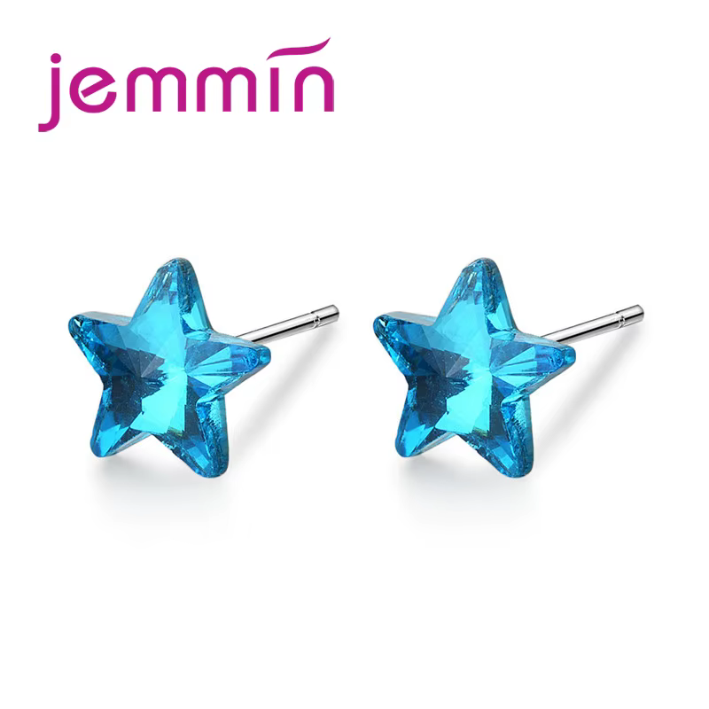 Nouvelles boucles d'oreilles étoile en argent sterling 925 avec strass bleus