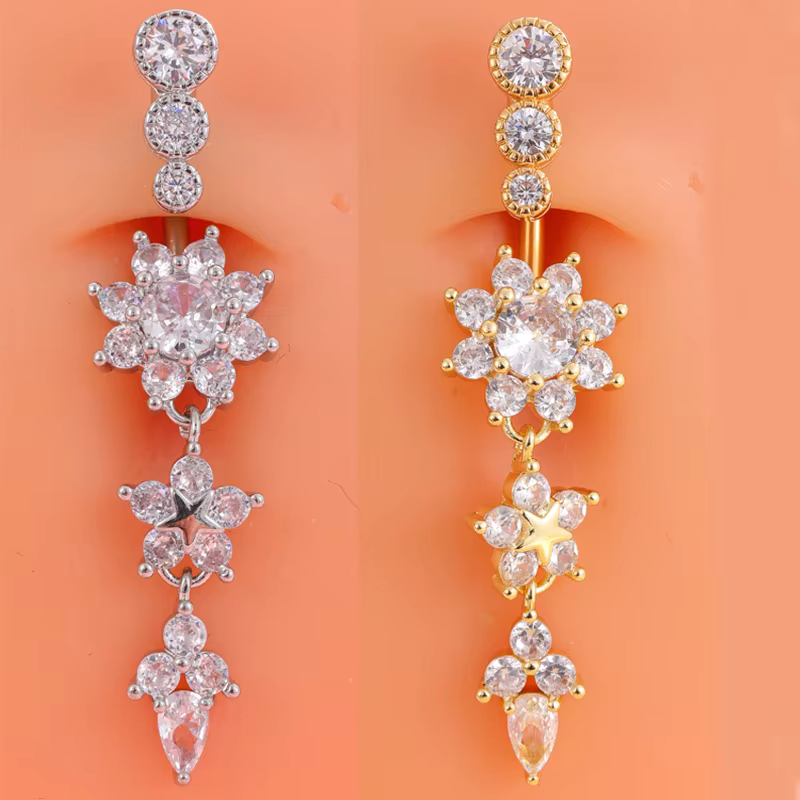Série de couleurs or 3 cristaux fleur pendante Nombril anneaux en acier inoxydable délicat Zircon