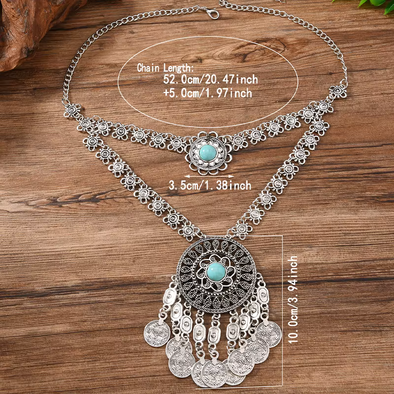 Collier ethnique en forme de pièce de monnaie Turquoise