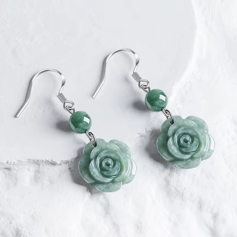 Boucles d'Oreilles Authentiques en Argent S925 et Jadéite Glacée
