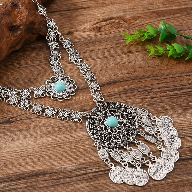 Collier ethnique en forme de pièce de monnaie Turquoise