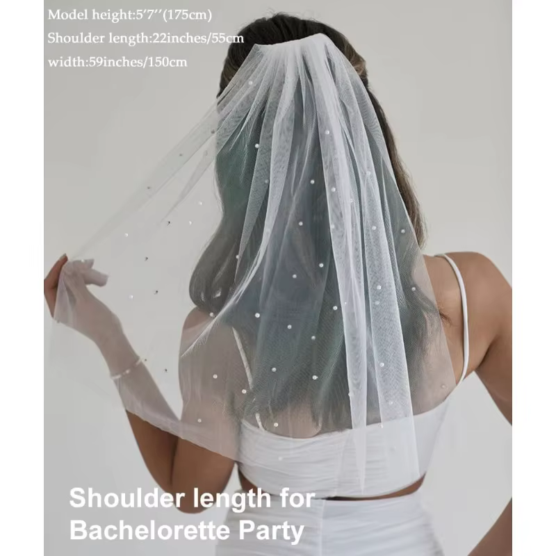 Voile de mariée élégant de 150 cm de longueur avec perles et peigne