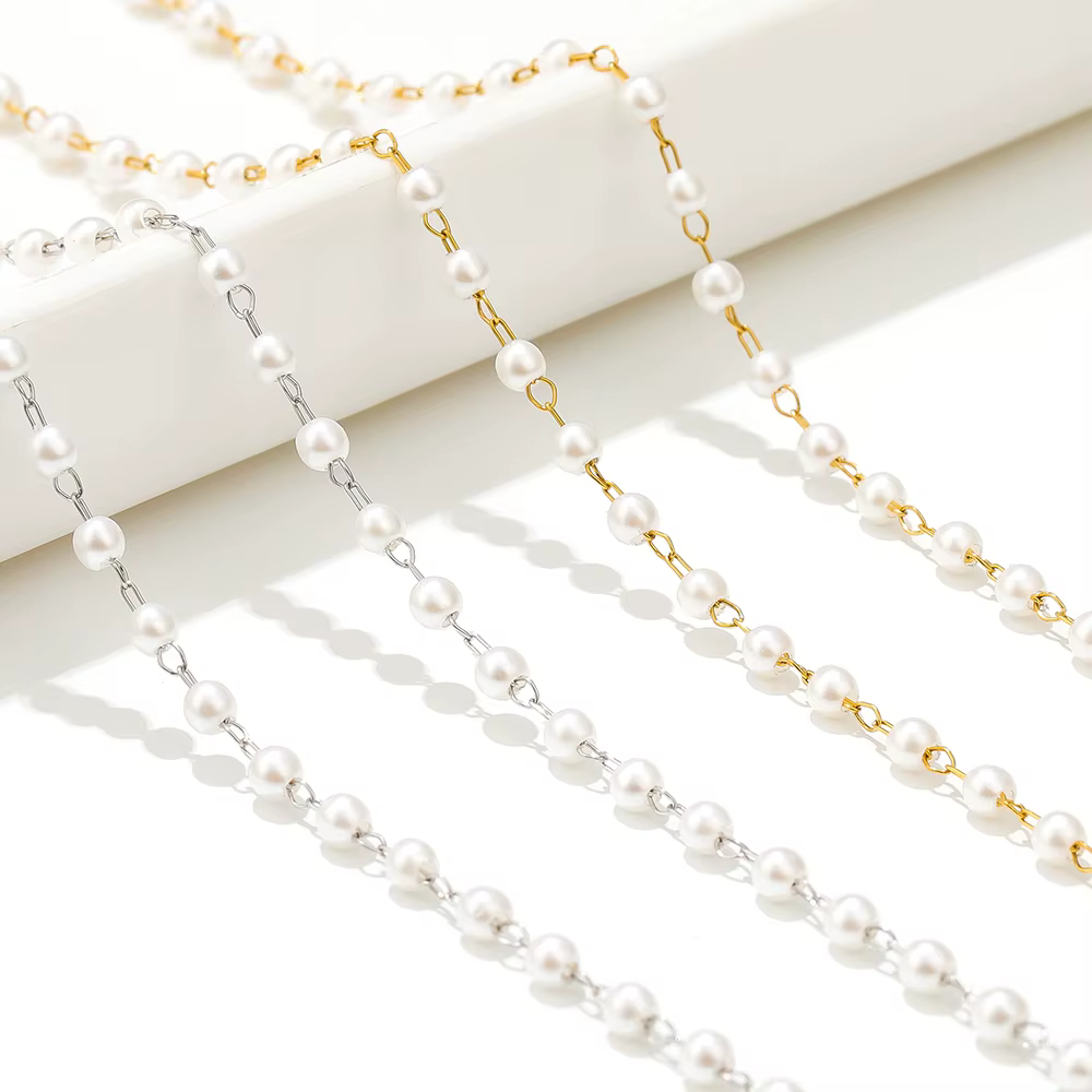 Chaînes de perles blanches plaquées or en acier inoxydable de 2 mètres