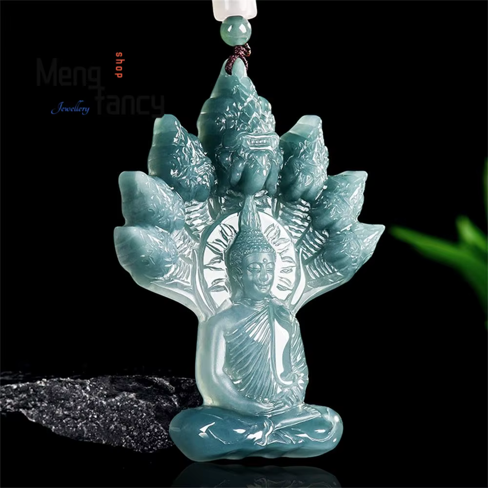 Haute qualité vieille jadéite naturelle a-grade eau bleue Naga bouddha Protection glace gluante Type