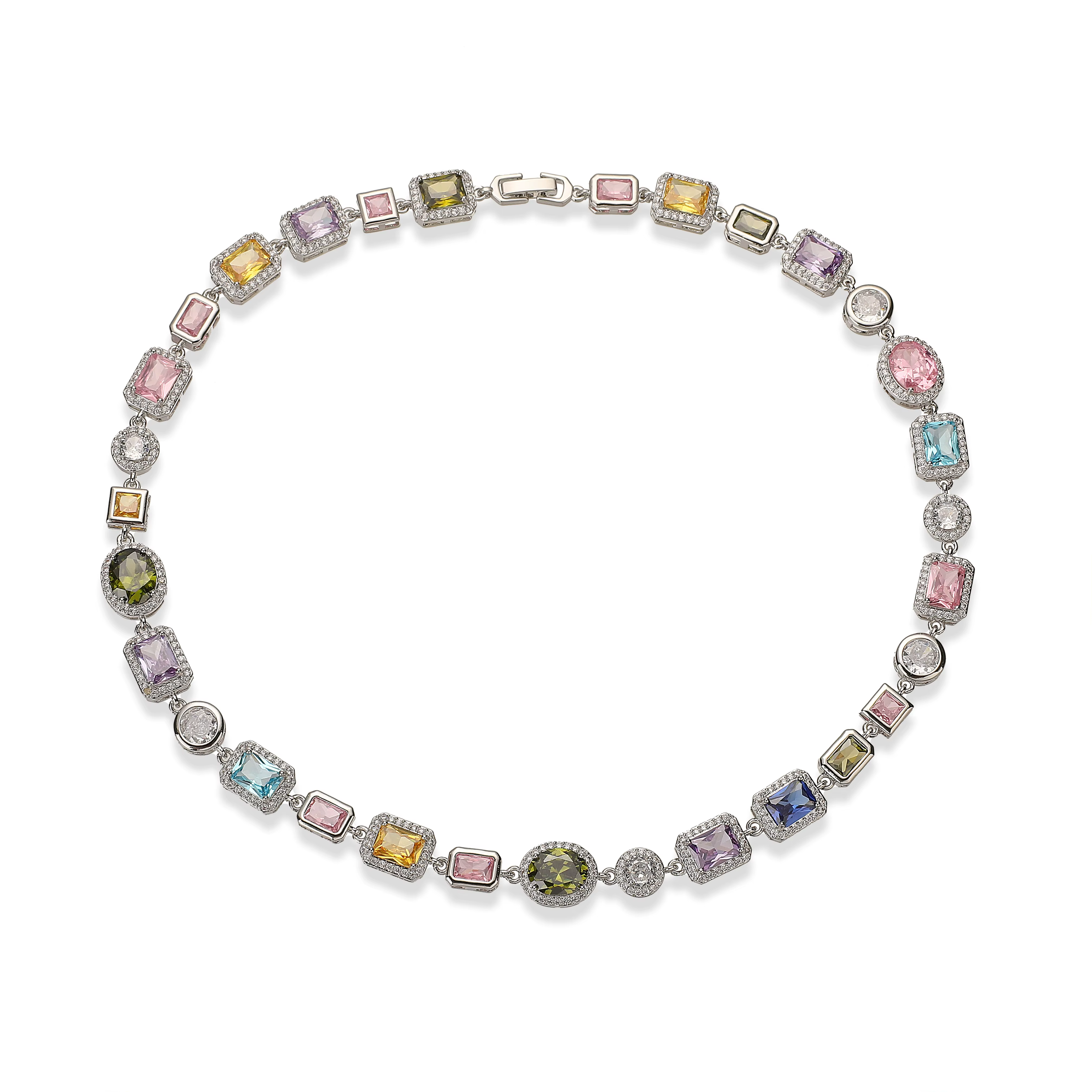 Bracelet/Collier Unisexe en Or Plaqué 18 Carats avec Mosaïque de Pierres Semi-Précieuses Multicolores Carrées et Rondes