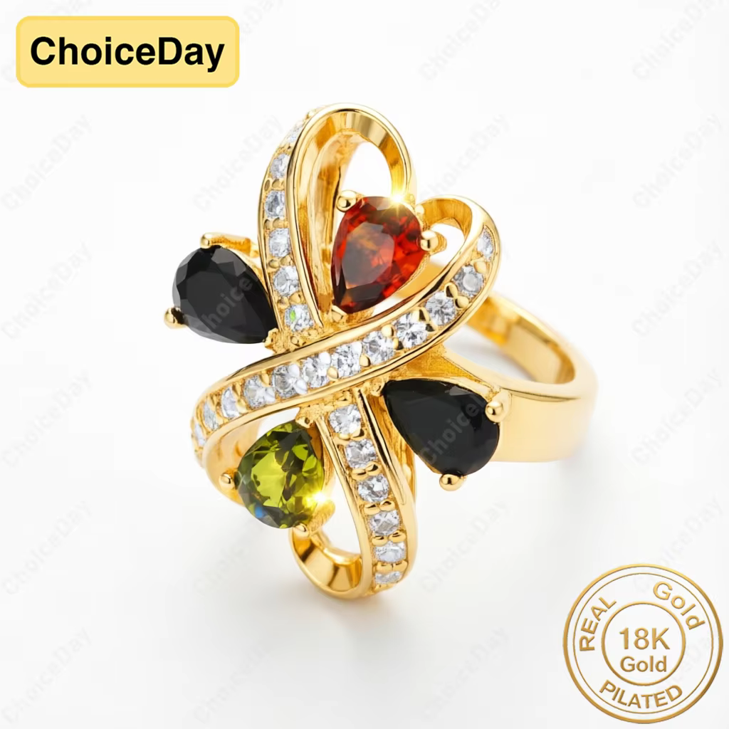 Bague en zircone en forme de cœur à quatre couleurs plaquée or 18 carats