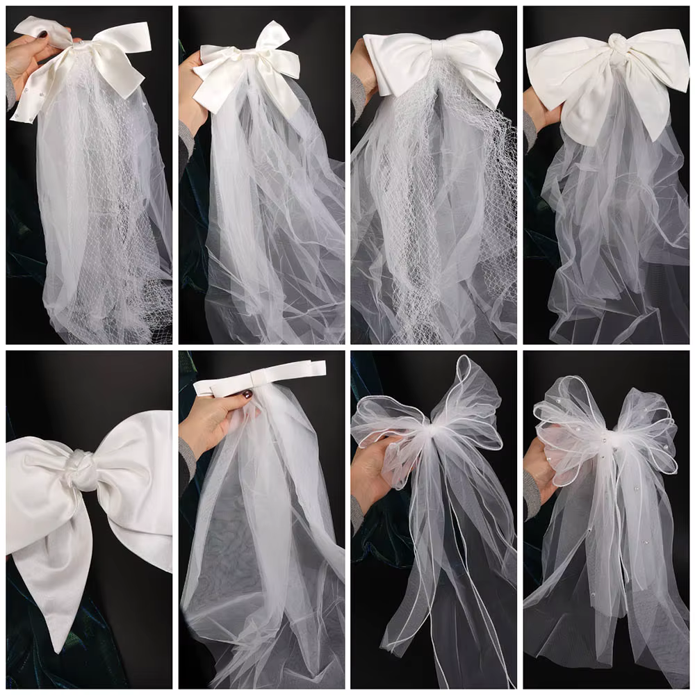 Voile de mariée délicat multicouche en gaze courte blanche avec pince à cheveux en dentelle de tulle et nœud perlé