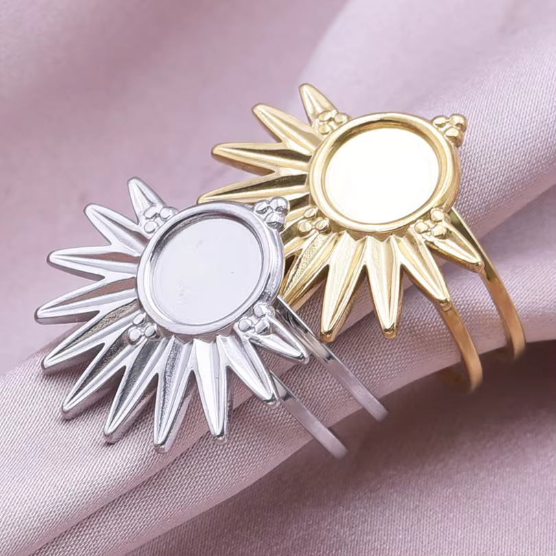 1/2 pièces mélange argent/or couleur ovale fleur soleil anneau en acier inoxydable anneaux pour femmes hommes accessoires rond blanc Cobochons paramètres