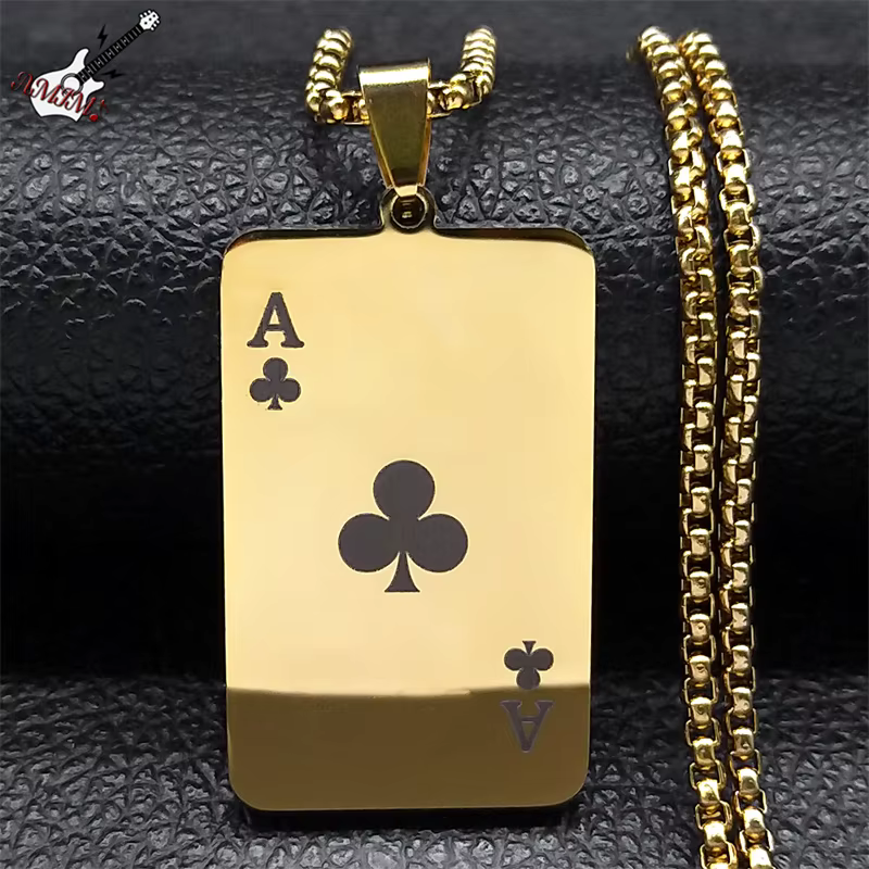 Punk Poker Fleur de Prunier Un Pendentif Collier pour Femmes/Hommes En Acier Inoxydable Or Document Hip Hop Carte À Jouer JOJewelry NZZZ130-2