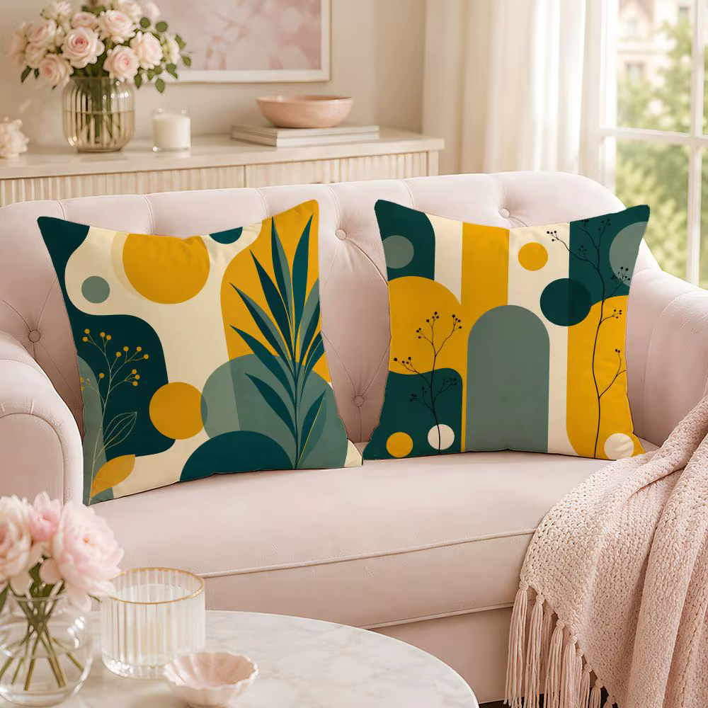 Housse de coussin florale jaune moutarde et turquoise