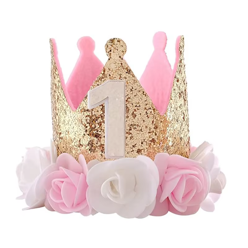 Chapeau d'anniversaire premier anniversaire 1er pour bébé fille décor cadeaux or Rose