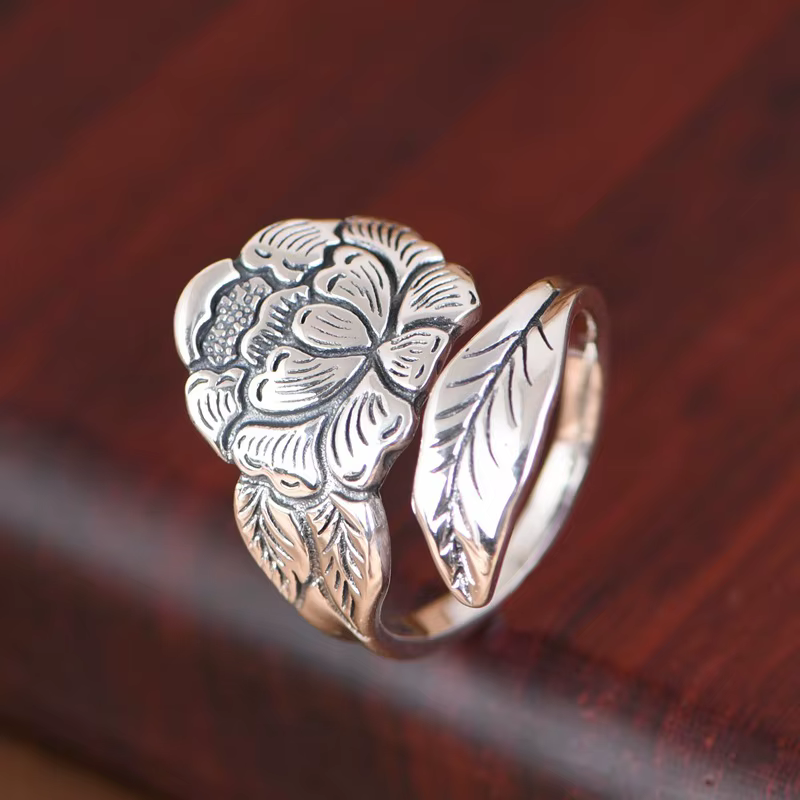 Buyee 925 en argent Sterling grand anneau doigt pivoine