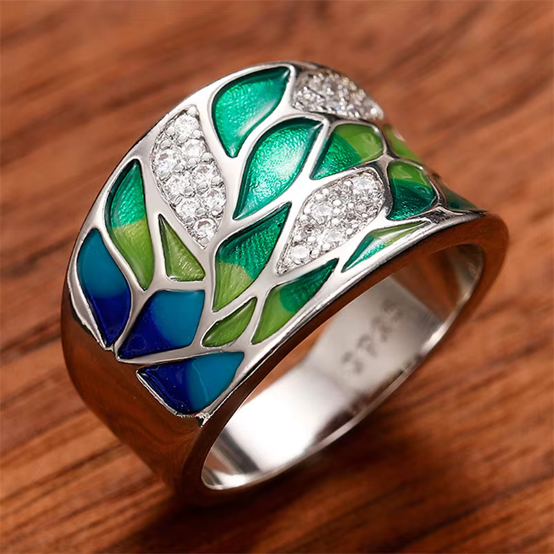 Huitan – bague en émail feuille verte de style bohémien pour femmes