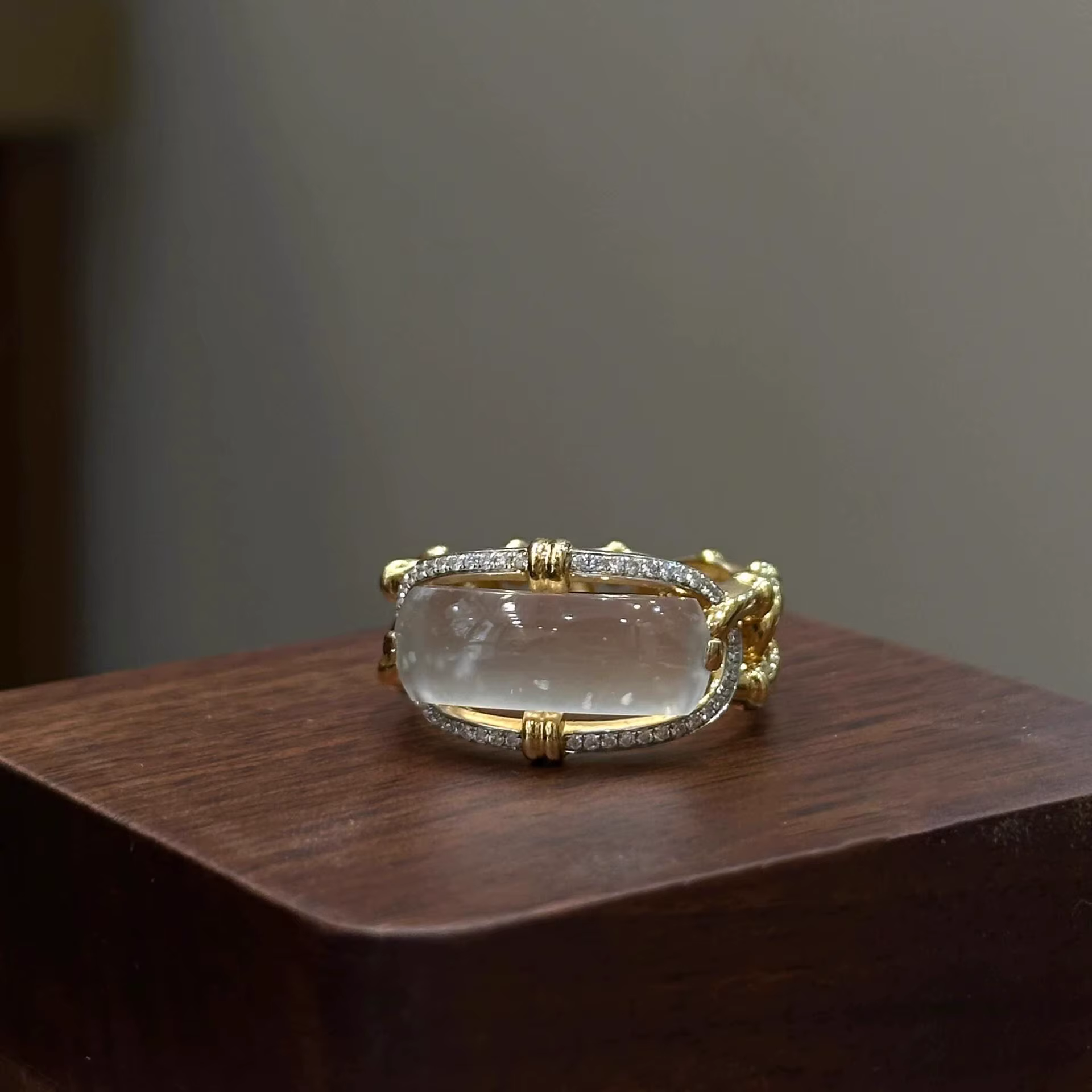 Bagues Vintage en calcédoine de glace naturelle cloutée de diamants pour femmes