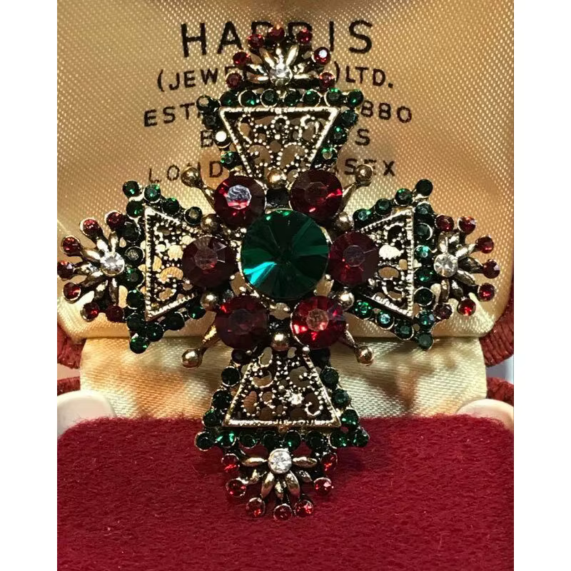 Broche croix maltais en cristal rouge et vert de Style Vintage/épingle à châle pendentif
