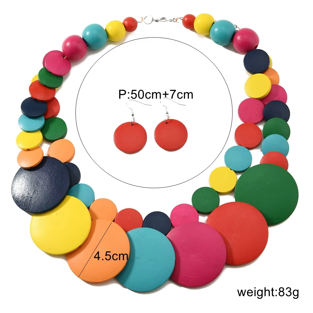 Bijoux africains bohème couleur géométrique ronde perles en bois fait à la main collier et boucles d'oreilles accessoires de fête pour femmes
