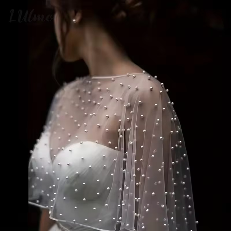 Perle perlée enveloppe de mariage col bijou transparent doux Tulle devant court Long dos châle accessoires