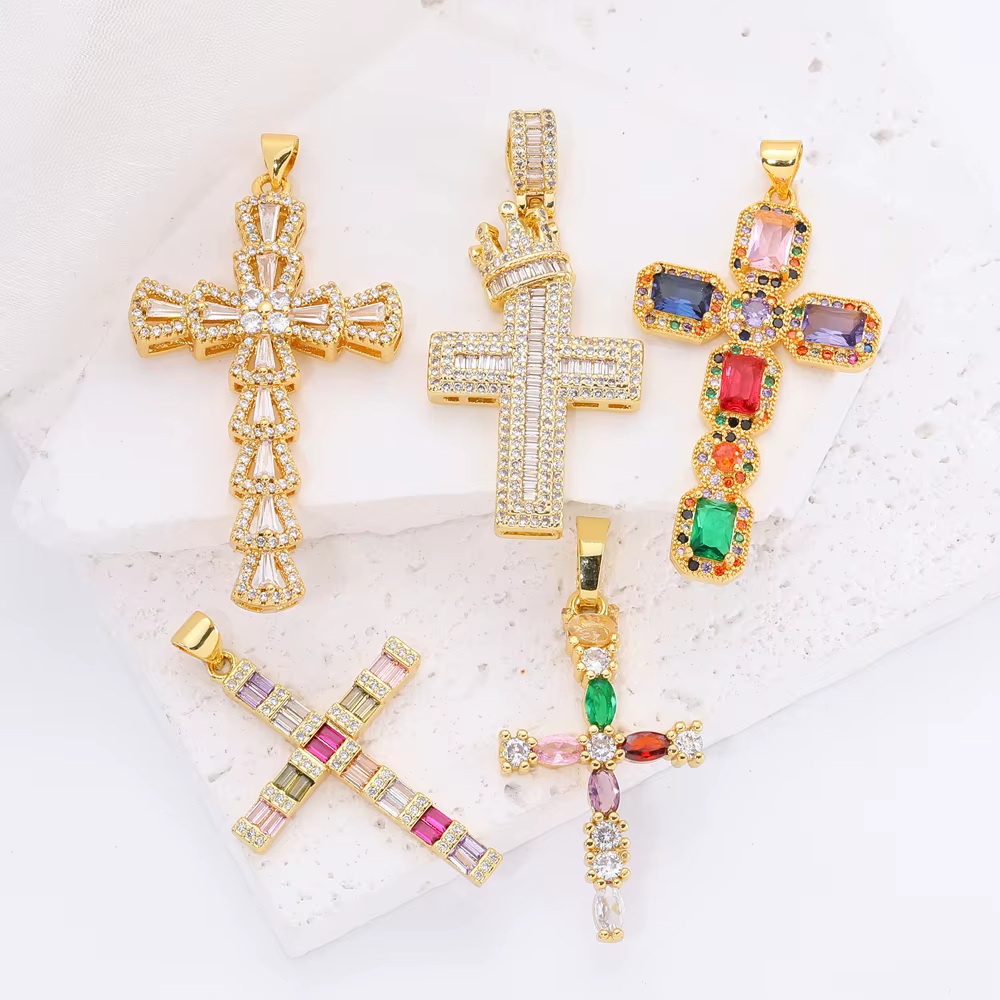 Juya fait à la main 18K véritable plaqué or zircon cubique croix chrétienne breloques pour bricolage chapelet pendentif religieux fabrication de bijoux