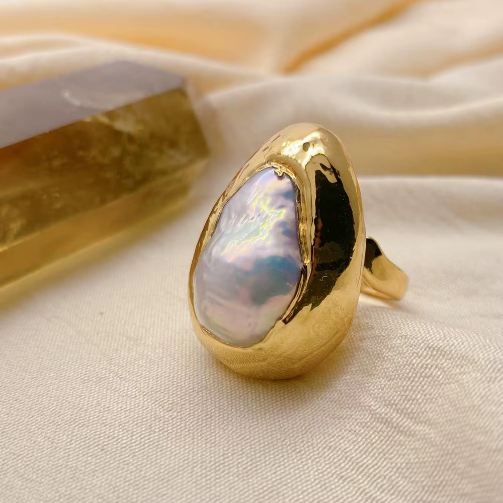 Bague plaquée or perle baroque blanche cultivée, taille réglable, 3 pièces