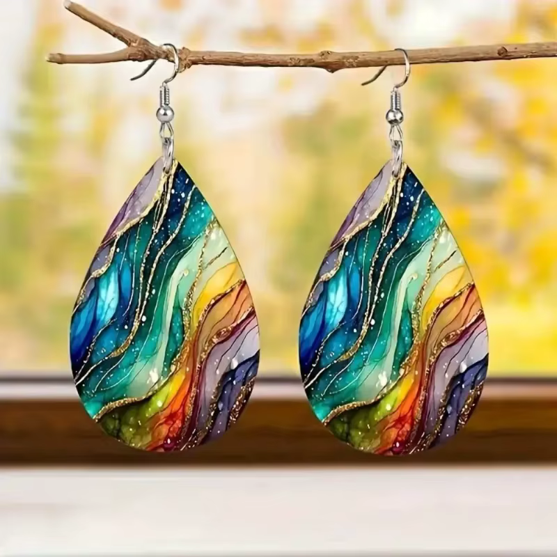 Boucles d'oreilles en bois à motif ondulé d'eau coloré de Style bohémien