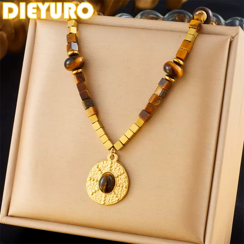 DIEYURO SION L-Collier pendentif œil de tigre vintage pour femme