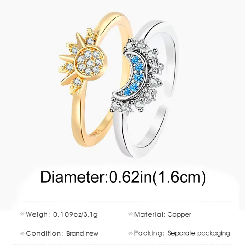 Bague Ouverte Soleil et Lune pour Femme et Fille