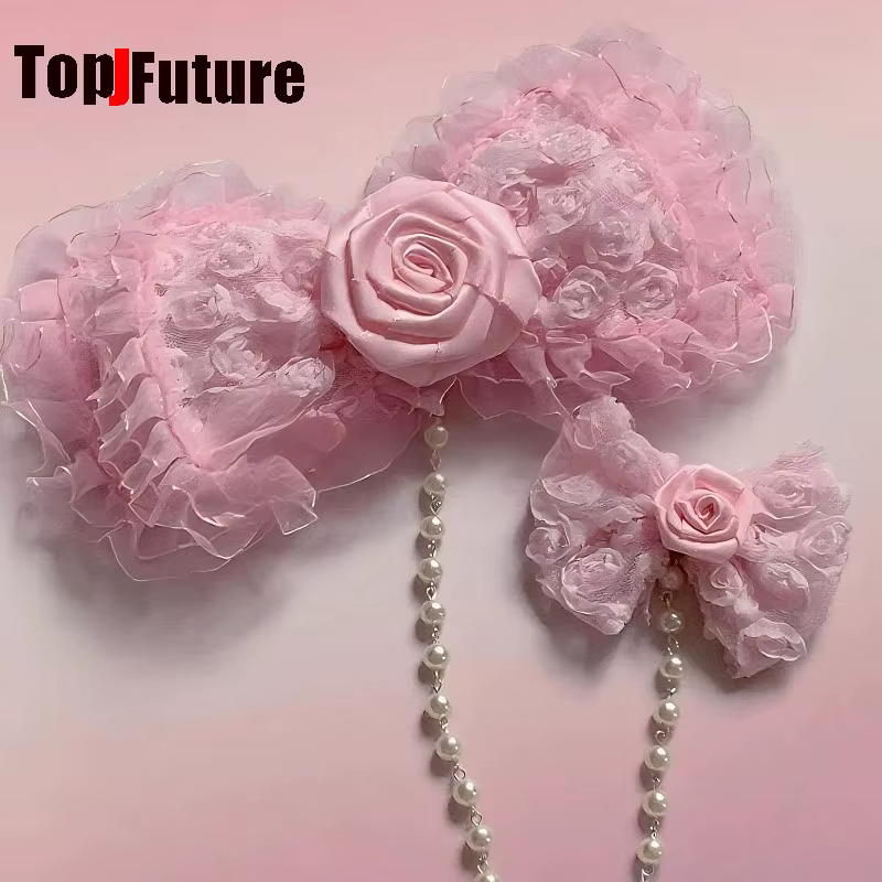 Pince à cheveux latérale style Hime Y2K Gyaru rose avec nœud et chaîne de perles