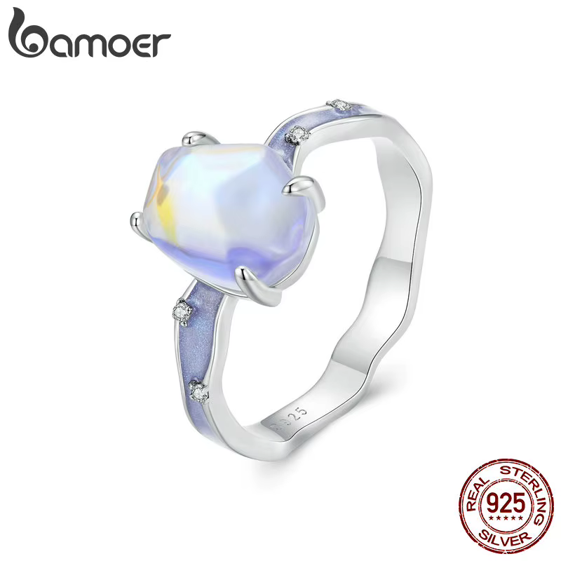 Bamoer solide 925 en argent Sterling violet pierre Aurora bague vague bande anneau pour les femmes fête bijoux fins cadeau