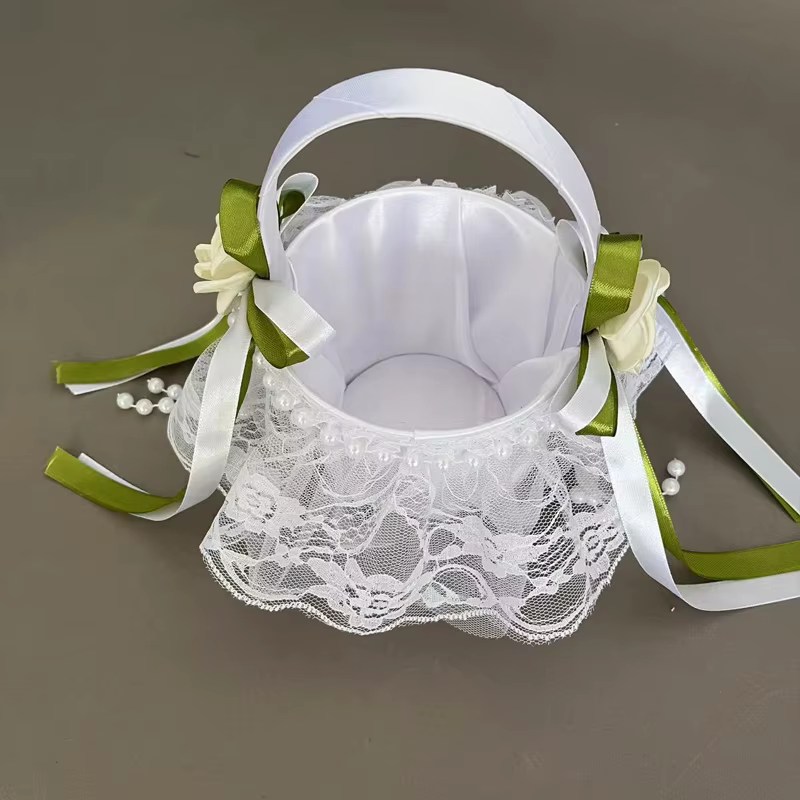 1 panier à fleurs de mariage en satin - Design vert simple