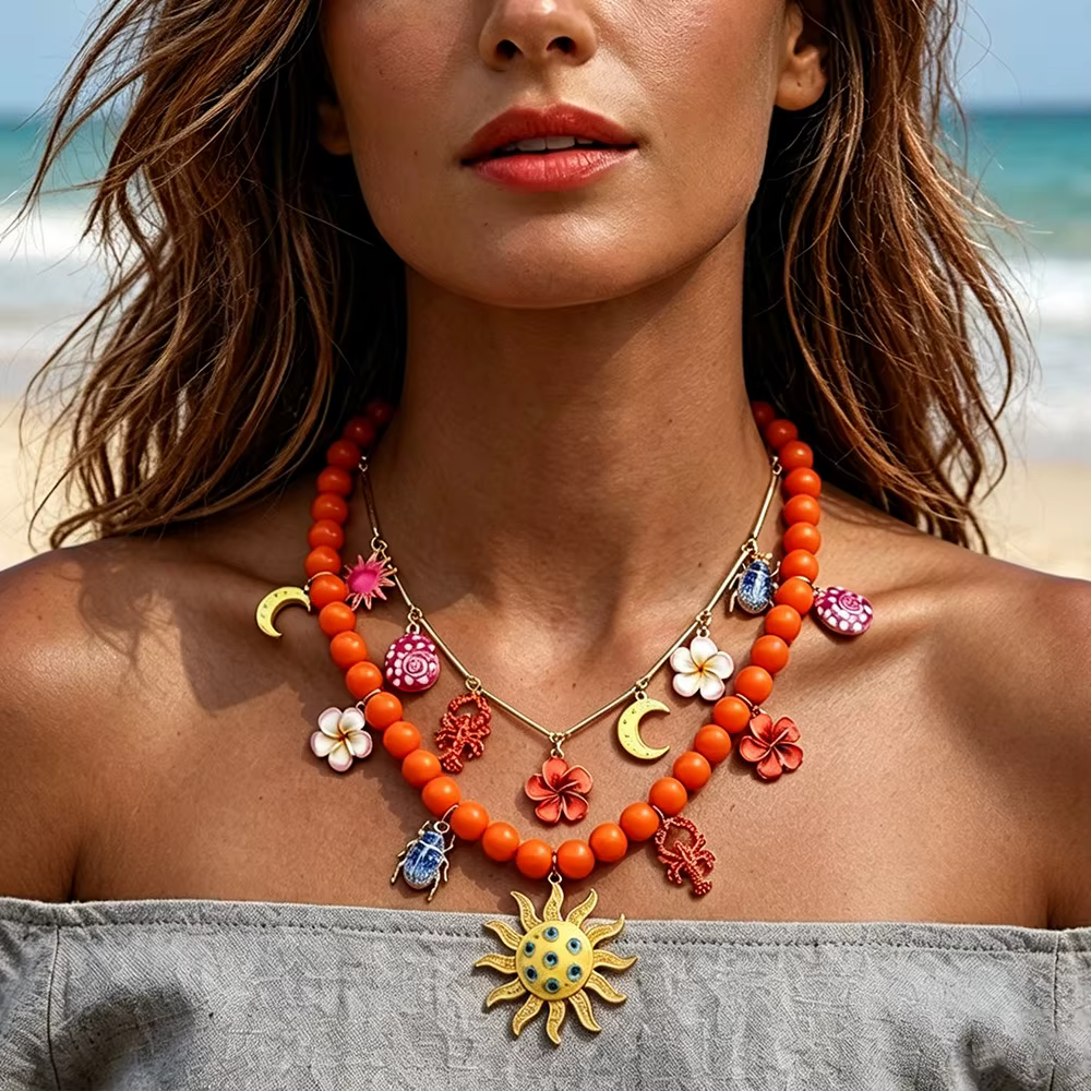Nouveaux colliers bohèmes orange perlés avec pendentifs soleil