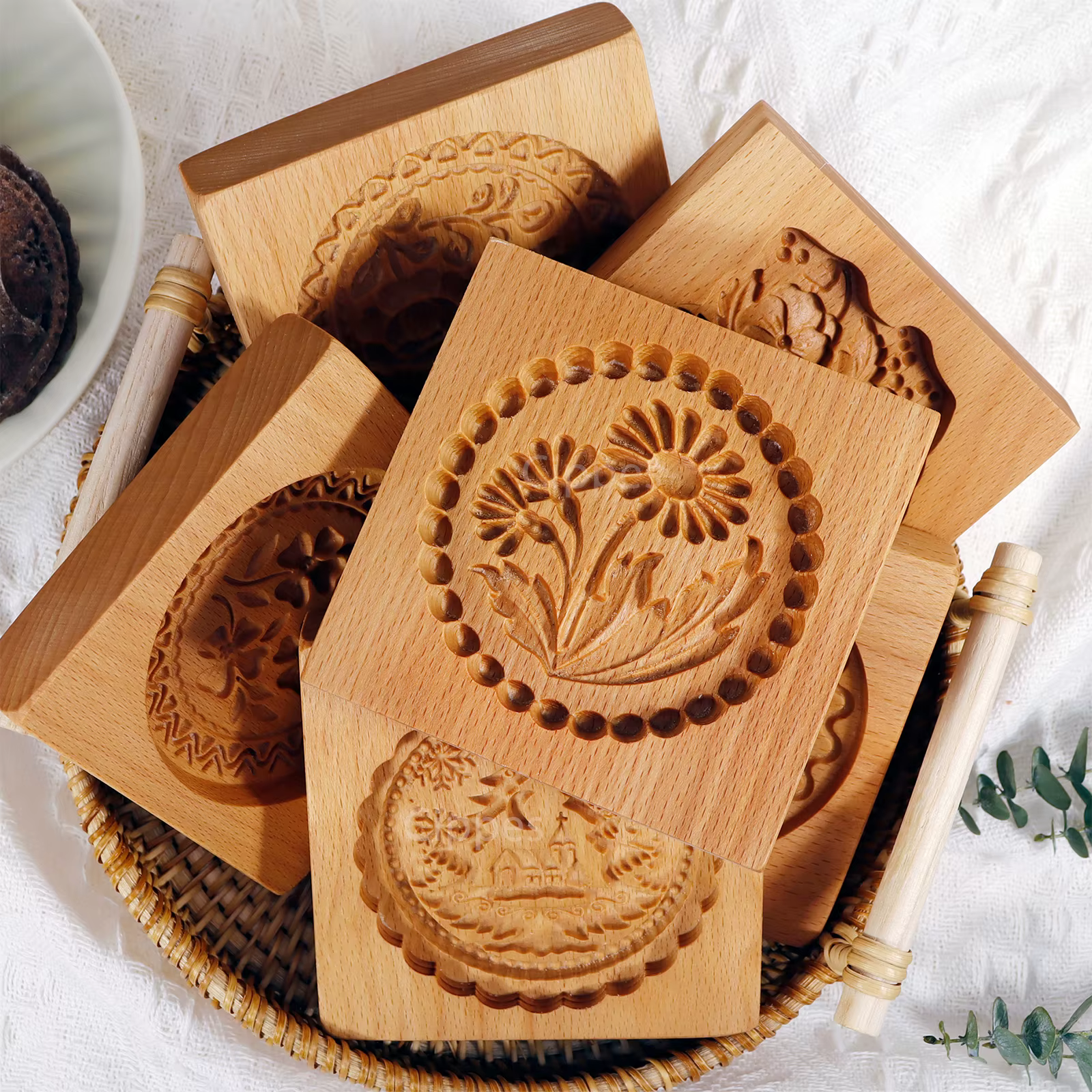 Moules à Biscuits en Bois avec Motifs de Fleurs