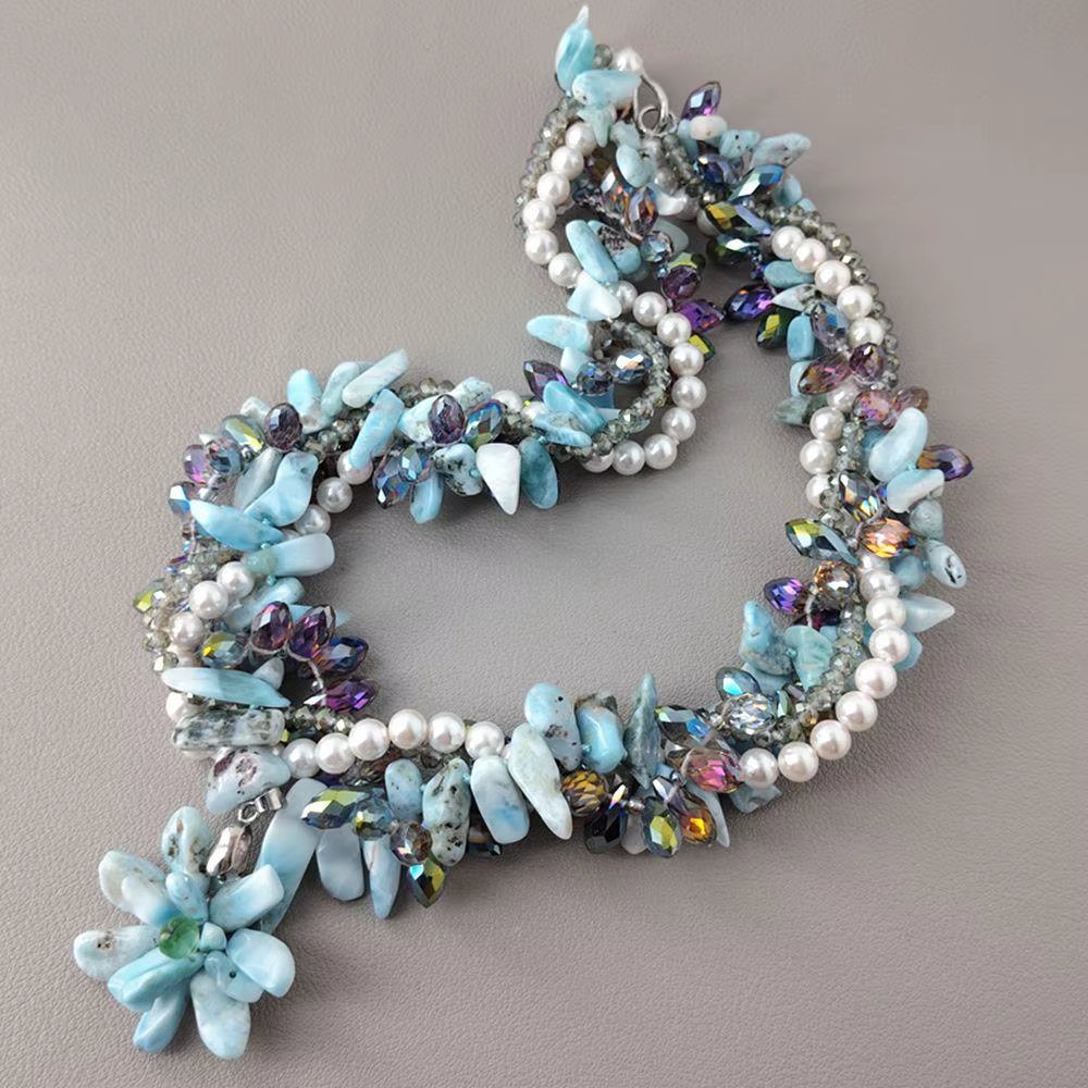 KKGEM 4 brins 9x16mm Larimar 6mm coquille de mer blanche cristal Torsade collier élégant déclaration colliers bijoux