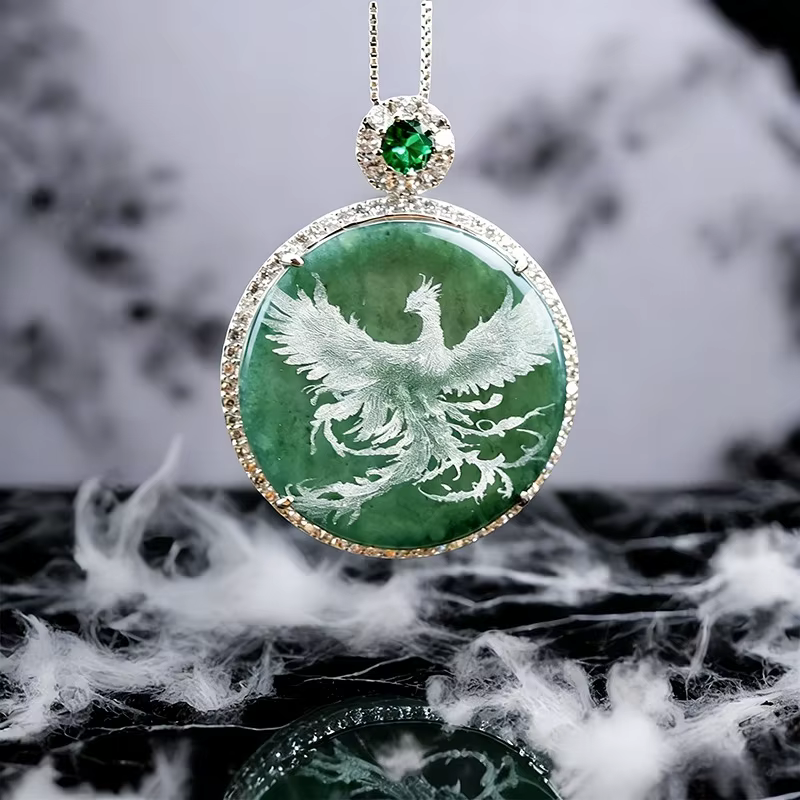 Collier pendentif Phénix en argent S925 avec émeraude naturelle véritable sculptée