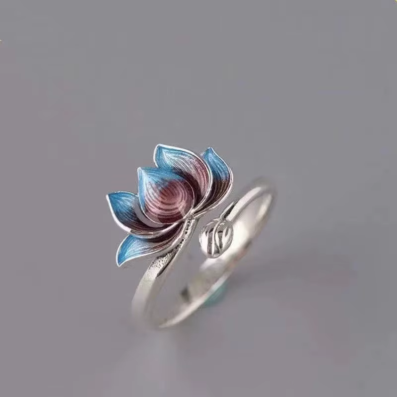 Bague ouverte Vintage en forme de Lotus bleu pour femmes et hommes