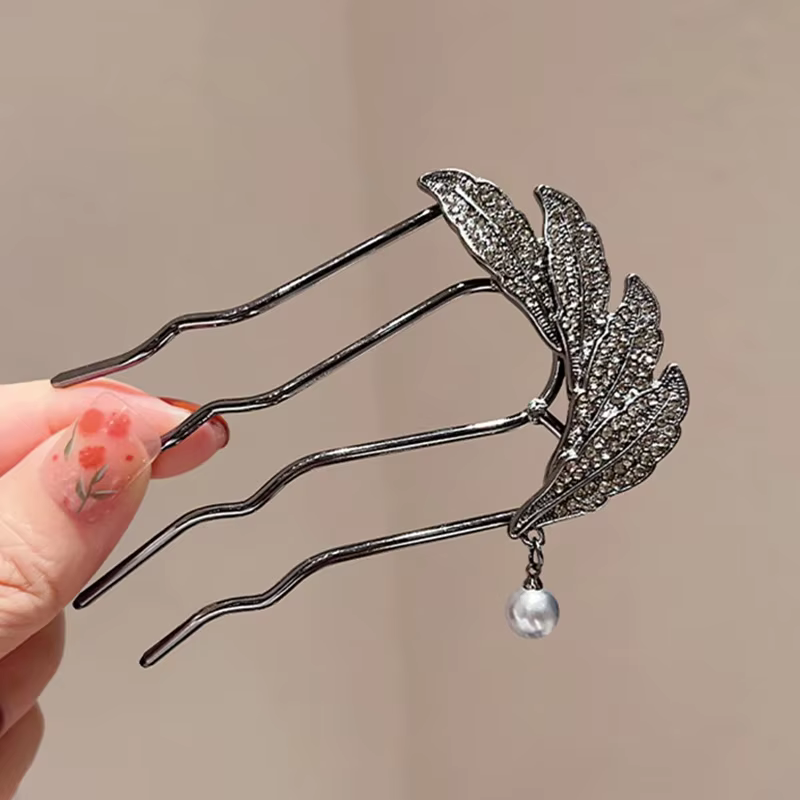 Peignes à cheveux en forme de U style antique avec strass et feuilles