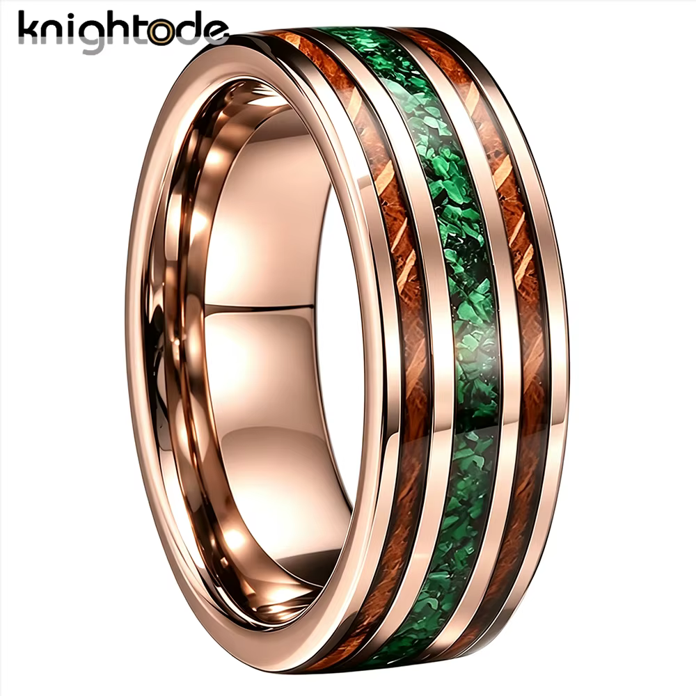 Bague en tungstène de 8 mm pour homme et femme avec incrustation de pierre verte concassée et de bois de fût de whisky