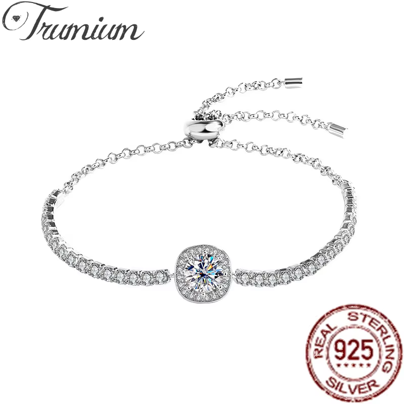 Bracelet Trumium 1ct Moissanite Diamant Carré Halo pour Femme en Argent Sterling S925