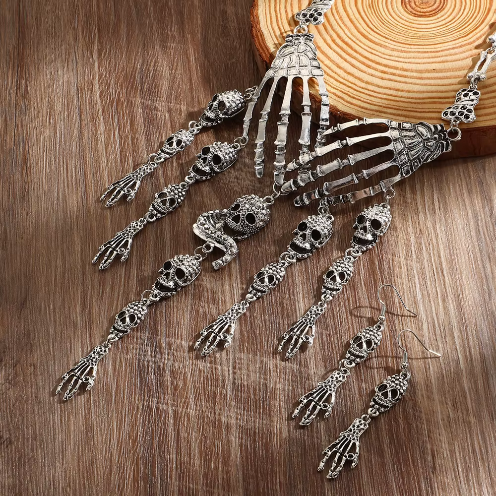 Ensemble collier et boucles d'oreilles tête de mort main fantôme en métal vintage pour femmes