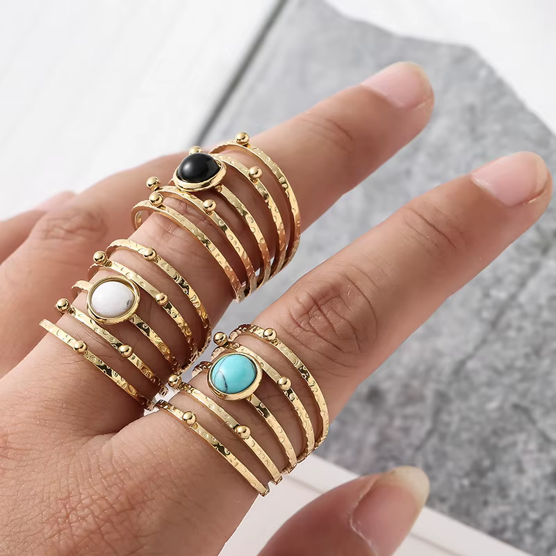 Bague ouverte en pierre naturelle creuse Boho pour femme