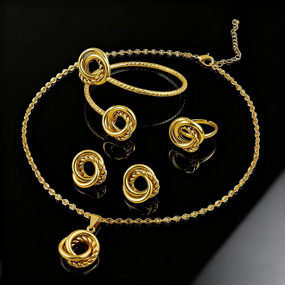 Nouvelle mode en acier inoxydable couleur or cercles imbriqués chiffres romains ensembles de bijoux femmes 4 pièces
