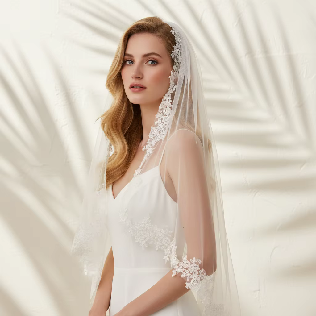 Voile de mariée élégant avec bordure en dentelle florale exquise