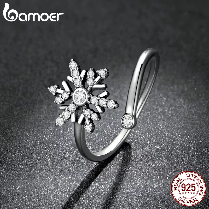 Bamoer-Bague ouverte flocon de neige en argent regardé 925 pour femme