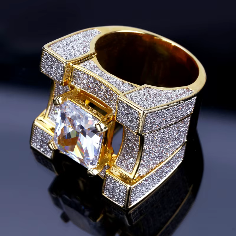 Nouvelle bague hip-hop large dorée en zircone cubique effet glace