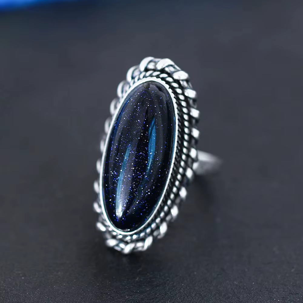 Bague rétro en argent, bijoux Vintage en pierre de grès bleue